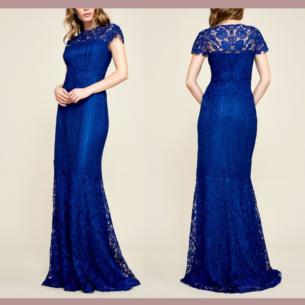 NEW Tadashi Shoji [ 4 ] Allison Embroidered Lace Trumpet Gown in‎ Blue